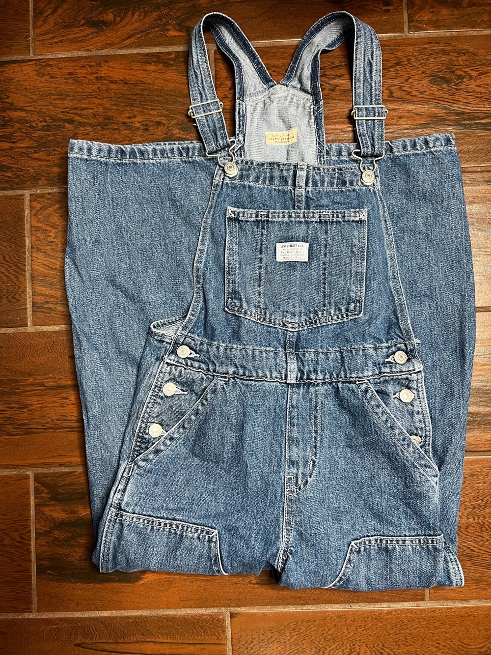 Levi’s Premium Utility Double Knee Wide Leg Dark Wash Denim Jean Overalls XS - Picture 2 of 6